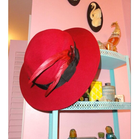Vintage Arlin Red Wool Church Hat w/ Feathers Kentucky Derby pinup retro bow main image 10